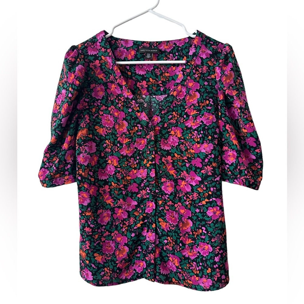 Saks fifth ave floral button down chiffon blouse